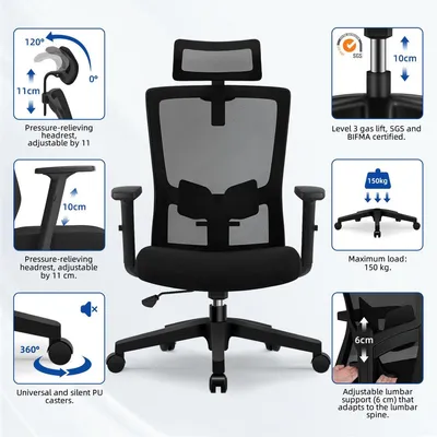 Obrázok produktu pre Kancelárska stolička – Ergonomická – Sieťová opierka chrbta – Nastaviteľná – Čierna