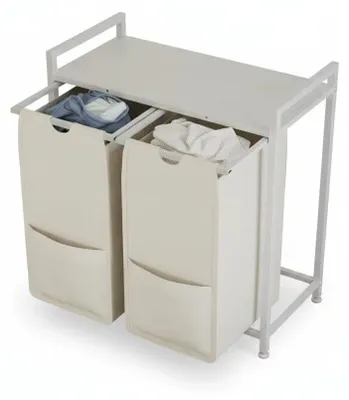 Produktbild von Wäschekorb mit Ablage - Wäscheorganizer - 2 Schubladen - Herausnehmbare Oxfordstoffbeutel - 48 l - Metallrahmen - Weiß
