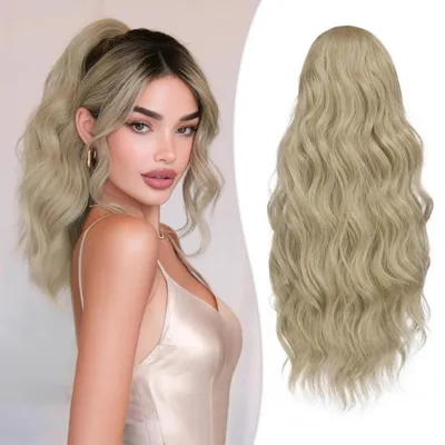 Produktbild von Haarteil Pferdeschwanz Aschblond Lockig 40cm Clip-In Synthetik Haarverlängerung Damen