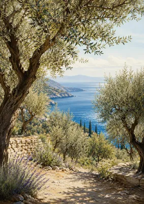 Produktbild von Mediterranes Poster DIN A2 - Olivenhain am Meer mit Küstenblick, matt