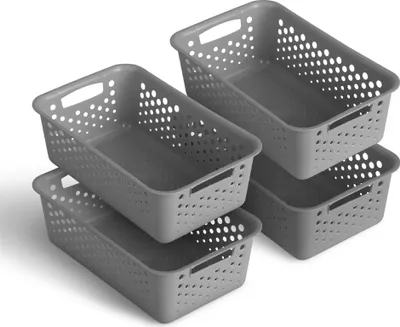 Four gray storage baskets are stacked and arranged in a diagonal formation on a white background.