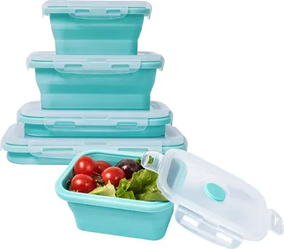 Obrázok produktu pre balenie 4 skladacích silikónových nádob, úložný box s viečkom, bez BPA, vzduchotesné - POPLATE Blue