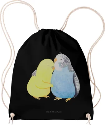 Produktbild von Mr. & Mrs. Panda Stoffbeutel Wellensittich Liebe - Schwarz - Geschenk, Jutebeutel, wander rucksack, glücklich, Verknallt, Turnbeutel, baumwolle, Verliebt, Freundin