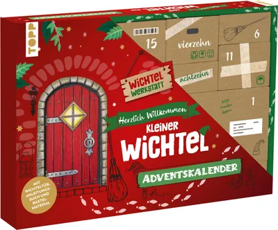 A product box for a Christmas advent calendar, designed to look like a small house with a red door and windows.