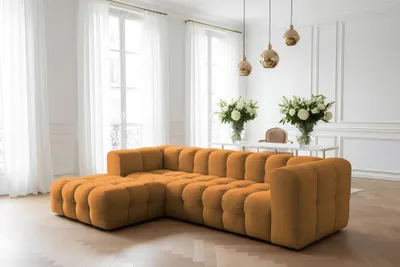 Produktbild von Ecksofa Designersofa SOLVIE in Stoff Moly Orange Ottomane Links