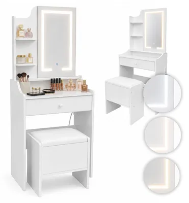 Obrázok produktu pre Kozmetický stolík s zrkadlom a LED osvetlením (3 farby), poličky, zásuvka, stolička. ModernHome