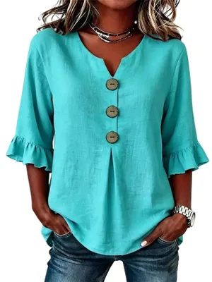 Produktbild von ASKSA Damen Bluse Musselin Tshirt V-Ausschnitt 3/4 aermel Sommer Leinenbluse Elegant Casual Oberteile (Pfauenblau,L)