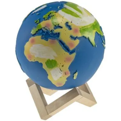 A 3D model of the Earth on a wooden stand.