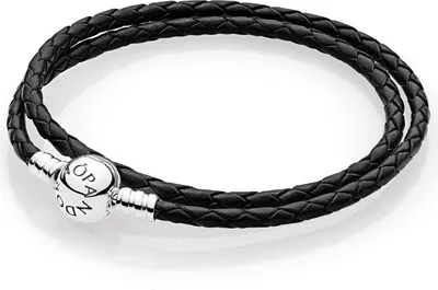 A black braided leather Pandora bracelet with a silver clasp is shown against a white background.