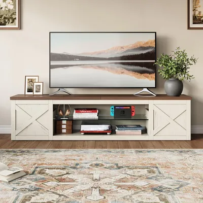 Produktbild von TV-Lowboard Landhausstil 148 cm, Walnuss-Optik, TV-Schrank mit RGB-LED, dekorativem X-Design, verstellbarem Einlegeboden & offenem Stauraum