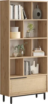 Produktbild von Bücherregal ‘Kvænangen’ mit 8+1 Fächern 176 x 84 x 30 cm Eichenoptik / Rattanoptik