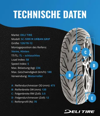 Produktbild von Deli Tire Urban Grip 58s Tl Vorder-/hinterreifen Des Rollers Grau 120 / 70 / R12 Grau 120 / 70