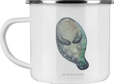 Produktbild von Mr. & Mrs. Panda Emaille Tasse Seekuh Happy - Weiß - Geschenk, Teetasse, Neustart, Freundin, Haferl, Neuanfang, Liebeskummer, Pott, Meer, Achtsamkeit, metallbecher