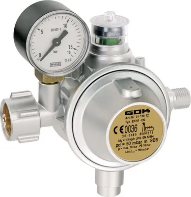 Produktbild von GOK Gewerbe Gasregler EN61-DS KLF x1/4"LH 1,5kg/h 50mBar SBS mit Manometer