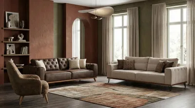 Produktbild von Beige-braunes Wohnzimmer-Set 3+3-Sitzer-Sofas Sessel Wohnzimmermöbel