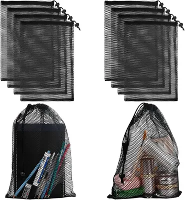 Produktbild von 10 schwarze Nylon-Netzbeutel mit Kordelzug, 20 x 30 cm, für Sport, Reisen und Outdoor-Aktivitäten