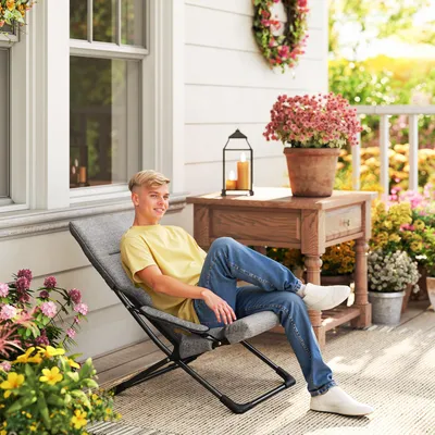 Produktbild von Gartenstuhl klappbar Stahl Textilene, Liegestuhl Klappstuhl wetterfest, mit Auflage abnehmbar, Grau | 66 x 94 x 79 cm | bis 120 kg