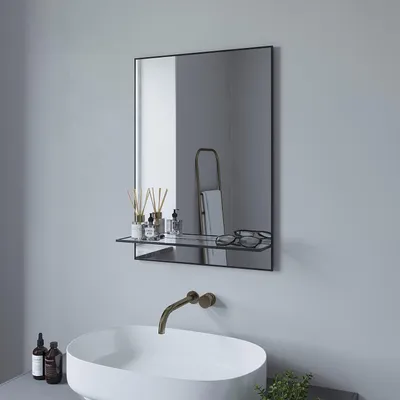 Produktbild von AQUABATOS Badspiegel mit Ablage Badezimmerspiegel Wandspiegel mit Aluminiumrahmen rechteckiger Hängespiegel Spiegel Schwarz ohne LED Beleuchtung 50 x 70 cm