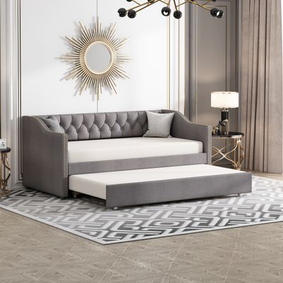 Flieks Tagesbett 90x200cm Daybed Schlafsofa mit Ausziehbarem Unterbett und Lattenrost Sofabett Polsterbett Kinderbett Leinen, Grau