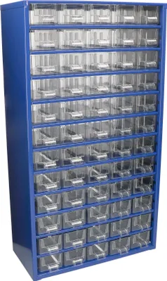 A blue metal storage cabinet with many clear plastic drawers, filled with small items.