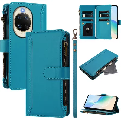 Produktbild von Handyhülle für Huawei Nova 14 Reißverschluss Geldbörse Kunstleder Klapphülle mit Kartensteckplatz, Ständer, Handschlaufe Blau