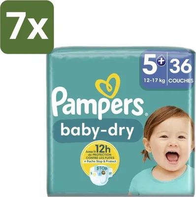 Image de Pampers – Couches – Baby-Dry taille 5+ (12-17 kg) – 36 couches – Pack économique – 7 pièces