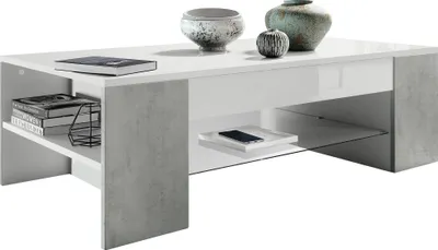 Produktbild von Vladon Couchtisch Clip,  Germany, Wohnzimmertisch mit 2 Seitenfächern und 1 Glasplatte, Weiß matt/ Beton Oxid-Optik(118 x 37 x 60 cm)