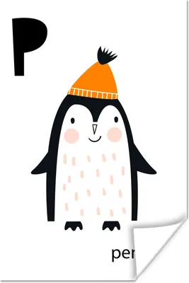 Produktbild von MuchoWow® Poster Kinderillustration der Buchstaben des Alphabets "Pinguin" mit orangefarbenem Hut 120x180 cm - Kunstposter