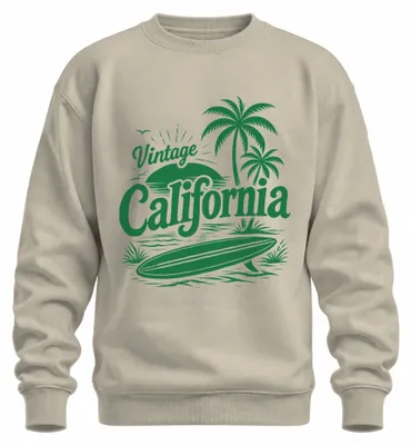 Imagen del producto de Sudadera con cuello redondo, estilo vintage, con motivos de palmeras, playa, surf, atardecer y océano, diseño retro, color natural, talla XXL