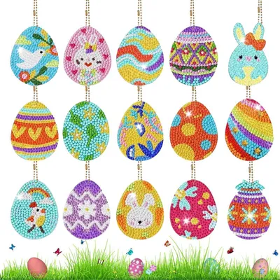 Immagine prodotto di Set di 15 ciondoli a forma di uova di Pasqua da decorare con diamanti, ideale per creare portachiavi personalizzati. Kit per il fai-da-te