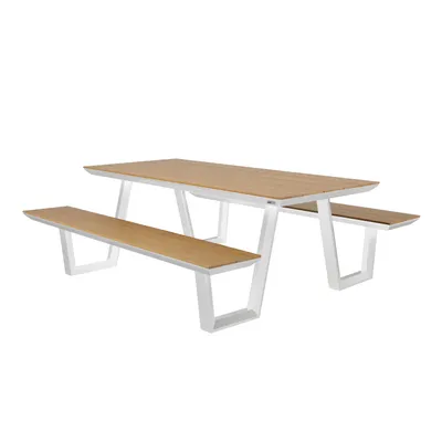 Produktbild von AXI Nori Picknicktisch in Teak Holz Look & Weiß für 6 Personen | Picknick Tisch / Picnic Table / Picknickbank für Erwachsene aus Aluminium & Polywood