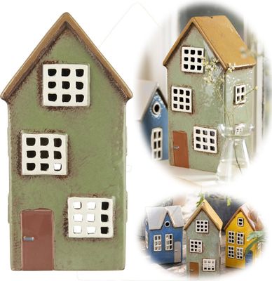LS-LebenStil Teelichthaus Lichterhaus Nyhavn 21cm Grün Keramik Fachwerkhaus Teelichthalter  Windlicht Kerzenständer Wohnzimmer, Fensterbank