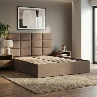 Produktbild von Polsterbett 140x200 cm mit Lattenrost, stabiles Doppelbett mit dekorativem Kopfteil, ohne Bettkasten, Samt, Braun YORK 140 x 200