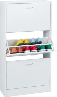 Produktbild von Relaxdays Schuhschrank, HxBxT: 113 x 60 x 24 cm, für 18 Paar, 3 Klappen, schmaler Schuhkipper, Flur Schuhkommode, weiß