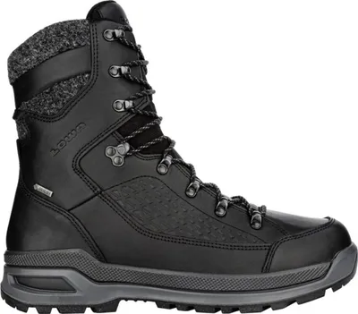 A black winter boot with grey accents and a grey sole, shown from a side view against a white background.