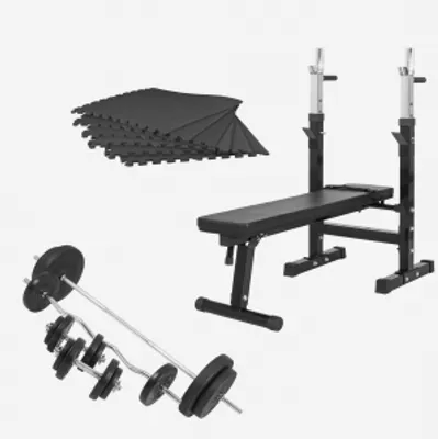 A collection of weightlifting equipment including a bench, barbells, and protective mats, arranged on a plain background.