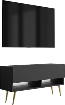 Imagen del producto de Mueble de TV de 100 cm, color mate, patas inclinadas doradas y luces LED blancas