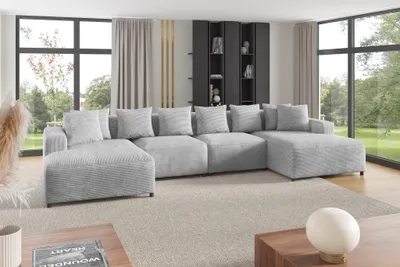 Produktbild von Wohnlandschaft Sofa U-Form Designersofa MEGAN in Stoff Poso Hellgrau