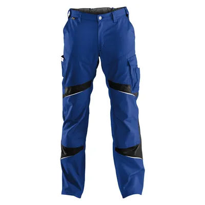 A pair of blue work pants with black accents.