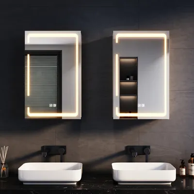 Produktbild von SONNI Metall Spiegelschrank mit LED Beleuchtung 38x60x14 cm,Dimmbar Dual-Touch-Schalter,1 Türig,Kabellose Scharnierkonstruktion Wandschrank,Badschrank, Rasiersteckdose, Einstellbare Trennwände