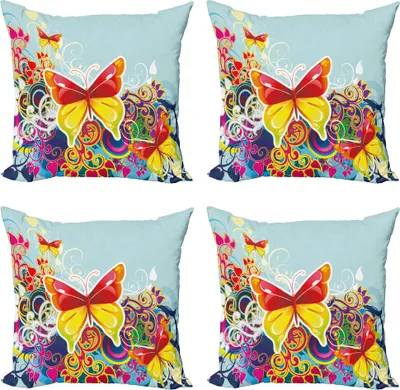 Produktbild von ABAKUHAUS Bunt Kissenbezug Set (4 Stück), Natur Blätter Schmetterling, Moderner Doppelseitiger Digitaldruck, 45 cm x 45 cm, Mehrfarbig