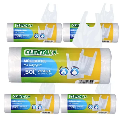 Produktbild von CLENTAX Müllbeutel 50L mit Tragegriff 5 x 20 St / insg. 100 St Reissfest