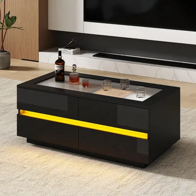Produktbild von STILVORA Couchtisch mit 4 Schubladen und LED-Beleuchtung, Kaffeetisch mit gehärteter Glasplatte, Wohnzimmertisch Hochglanz bis 35kg Schwarz