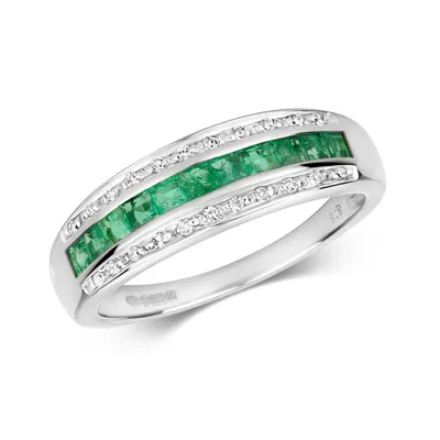 Produktbild von Wunderschöner 9 Karat (375) Weißgold Halb Eternity Damen - Diamant Ring Brillant-Schliff 0.09 Karat H - PK mit Smaragd, 57 (18.1); TRS290919KWRSP