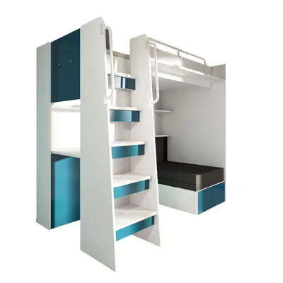 Produktbild von Marlux-Meble Hochbett JSM-7 90x200 TREPPE Links mit Schreibtisch Schränke und Ausklappbares Sofa 70x180 Matt Funktionsbett Etagenbett Stockbett Kinderhochbett Jugendhochbett (Türkis Matt)