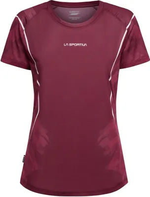 Bordeauxfarbenes Pacer T-Shirt W von La Sportiva; geeignet für Damen; mit atmungsaktiven Einsätzen.