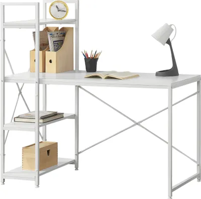 A white desk with a shelf unit attached to the left side, against a white background.