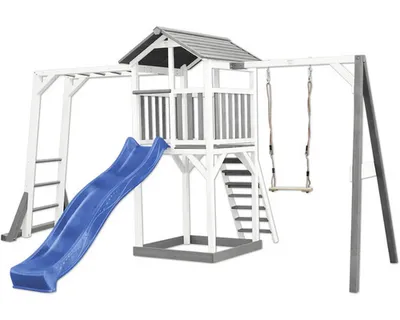 Produktbild von AXI Beach Tower Spielturm aus Holz in Weiß & Grau | Spielhaus für Kinder mit blauer Rutsche, Klettergerüst, Schaukel und Sandkasten | Stelzenhaus für