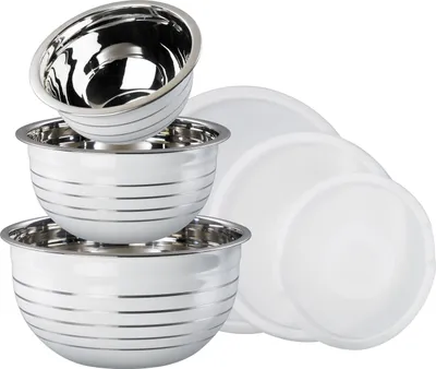 Produktbild von 3tlg. KING® Schüssel-Set CLASSIC ca. 7.5L aus Edelstahl / 3 Schüsseln aus Edelstahl in den Größen ca. Ø18cm, Ø22cm & Ø26cm / Farben: Weiß, Nachbildung Silver