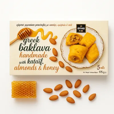 Produktbild von Attika Baklava mit Kataifi, Mandeln und Honig 175 g – Traditionelles griechisches Gebäck